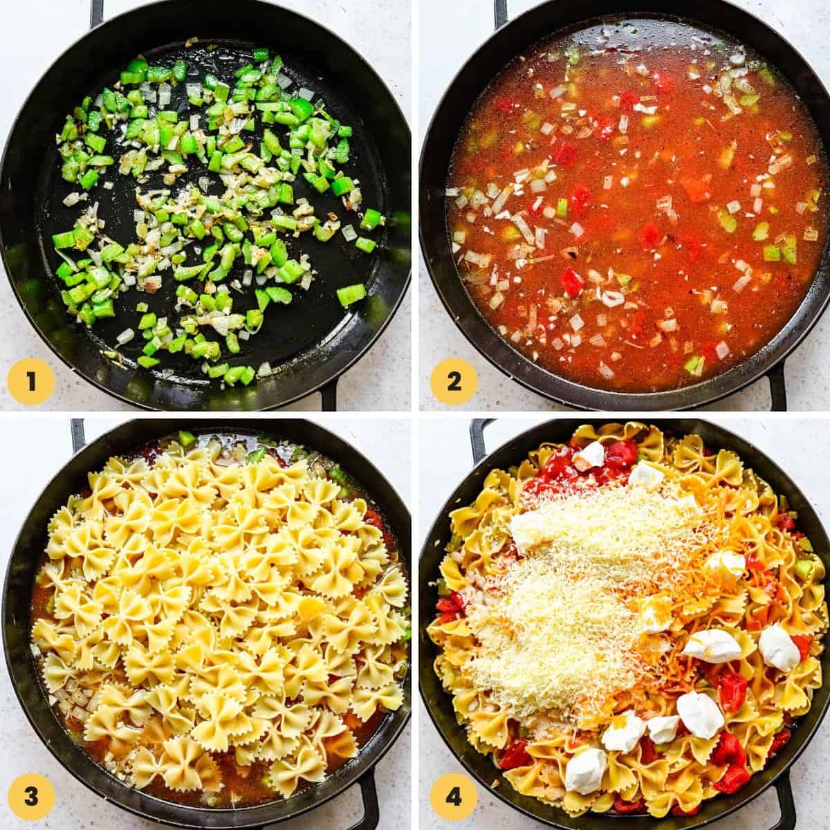a collage of four images showing how to cook buffalo chicken pasta in a skillet