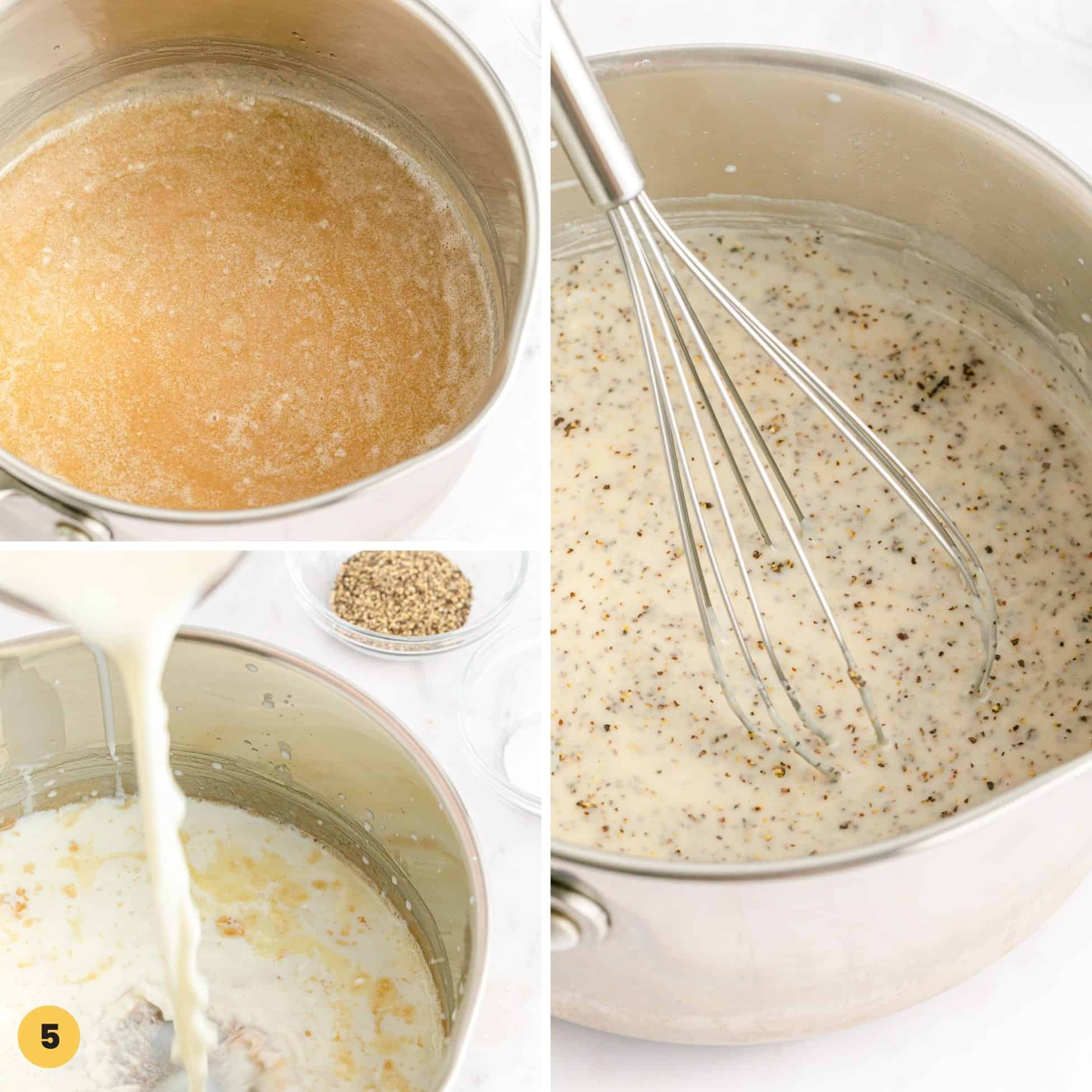 Collage of 3 images showing how to make country gravy