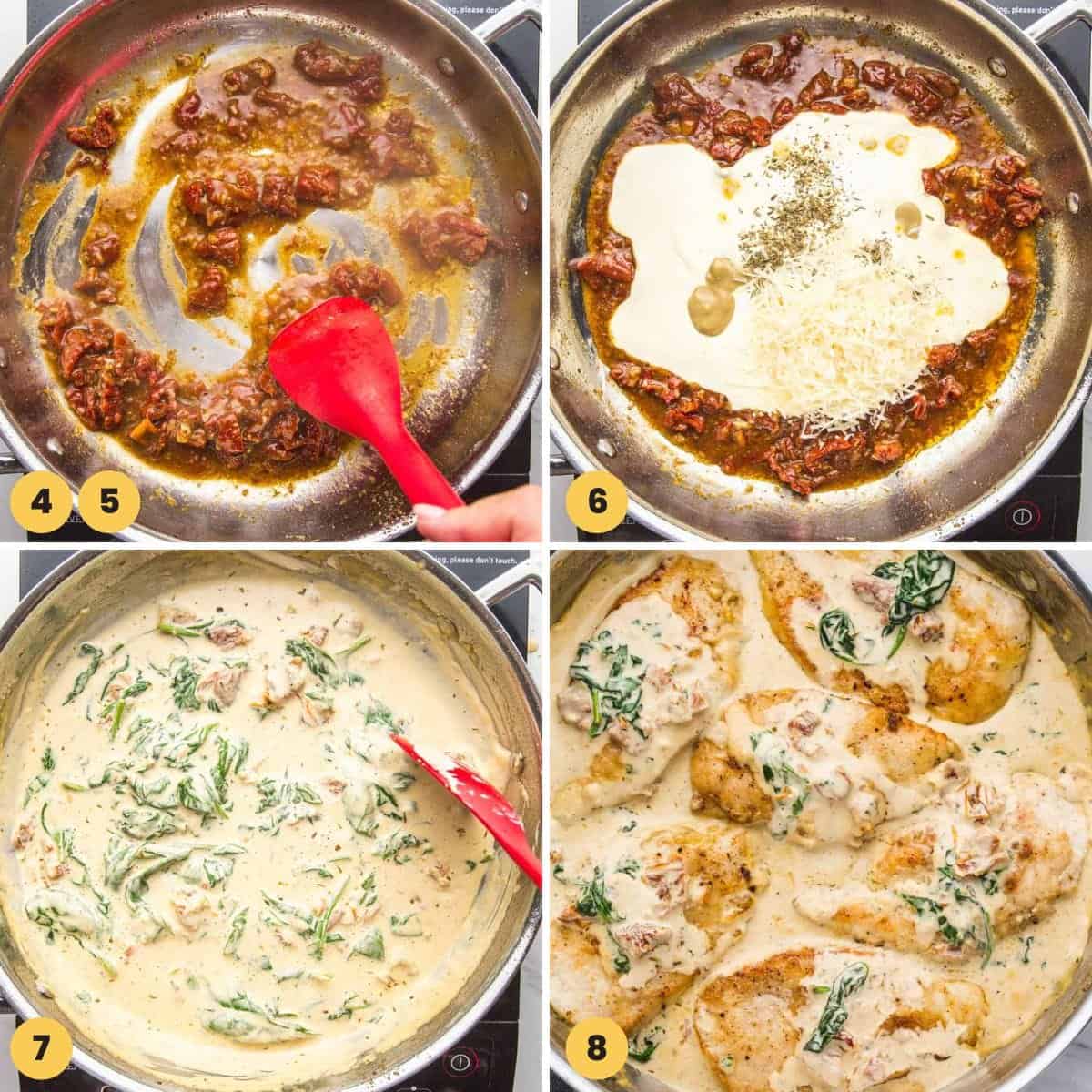 Collage of four images showing how to make tuscan cream sauce and add the chicken to make tuscan chicken