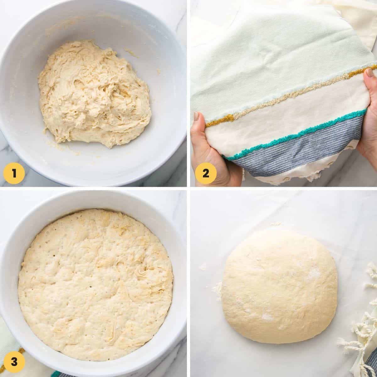 a collage of four photos that show how to make no knead bread dough.