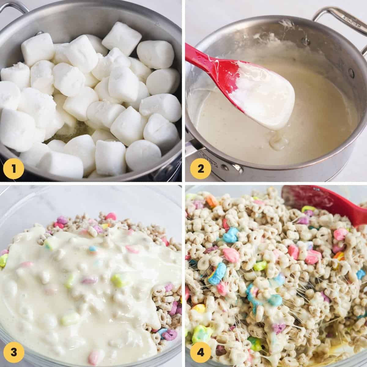 Collage of four images showing how to make lucky charms treats