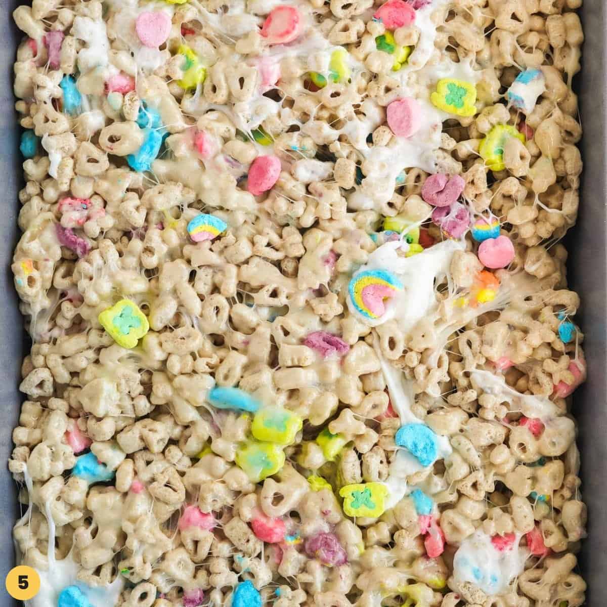 Overhead shot of lucky charms treats in a pan