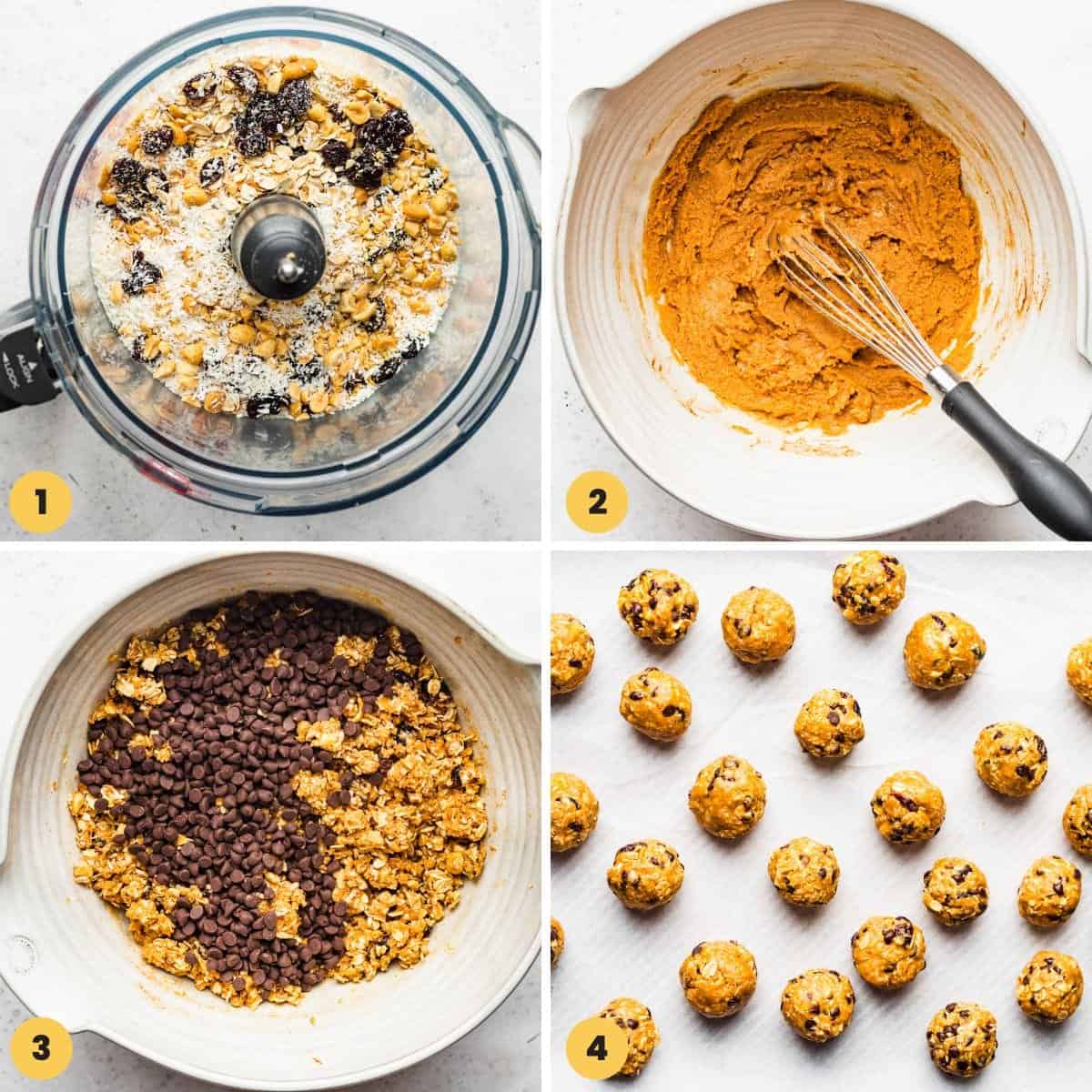 a collage of four images showing how to make no-bake peanut butter oatmeal balls using a food processor and mixing bowl.