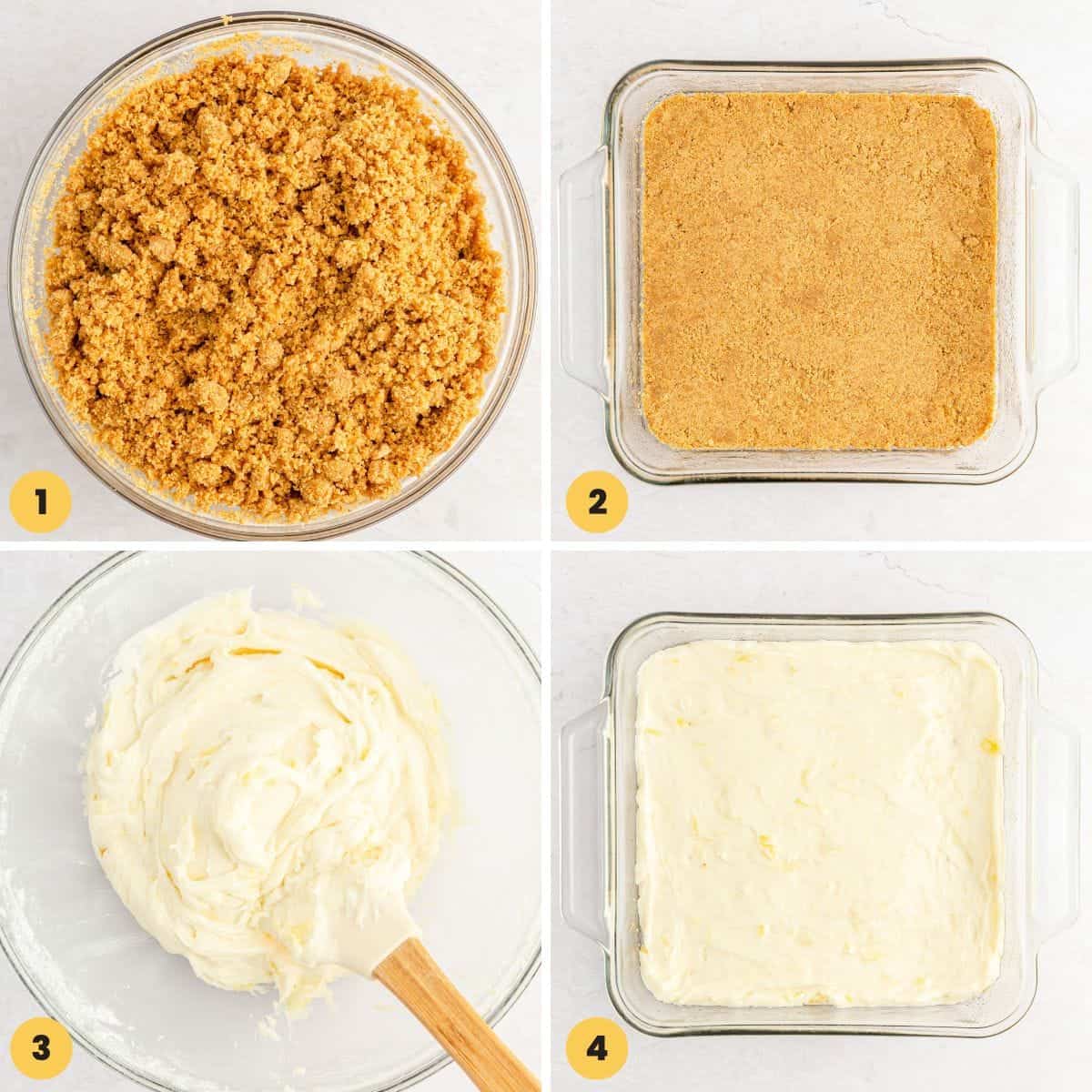 Collage of four images showing how to make pineapple dream dessert