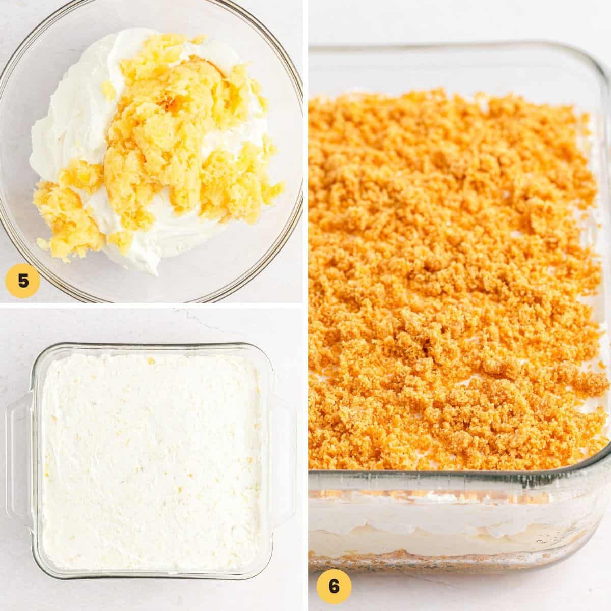 Collage of three images showing how to finish off pineapple dream dessert