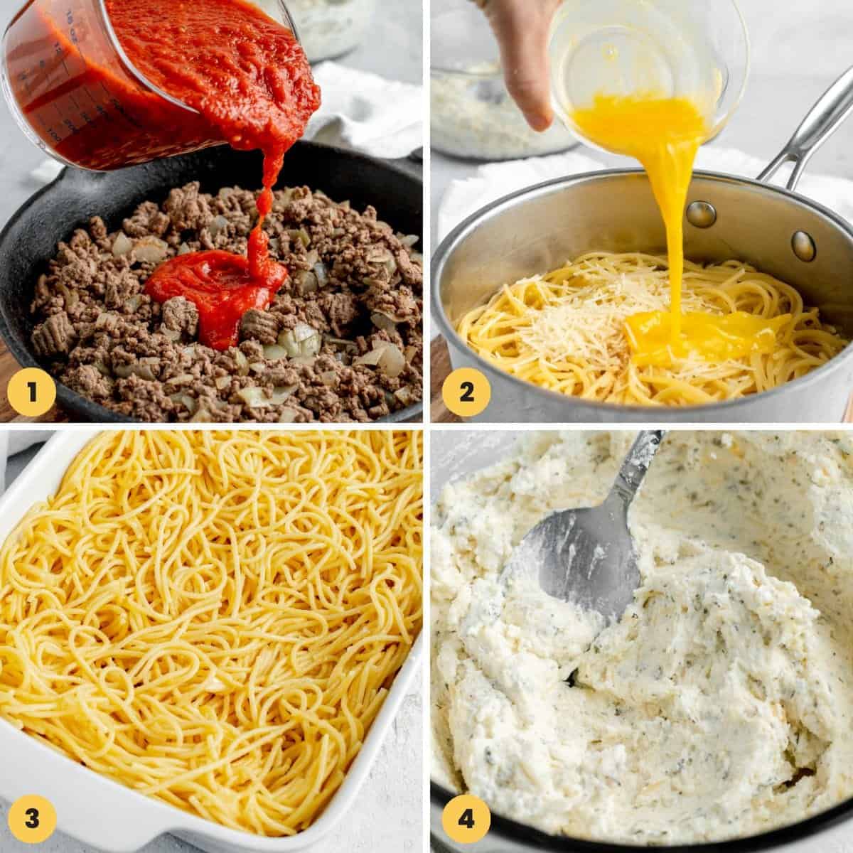 a collage of four images showing how to prepare the layers for spaghetti pie.
