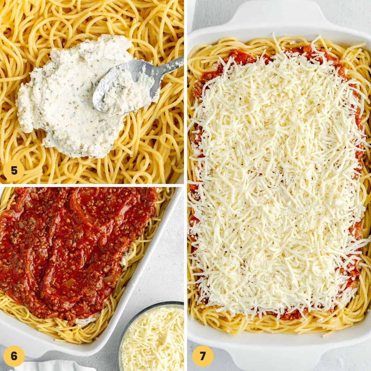 a collage of three numbered images showing how to put together spaghetti pie casserole.