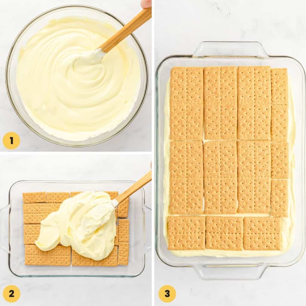 Collage of 3 images to show how to make a creamy filling, and layer the dessert with graham crackers.