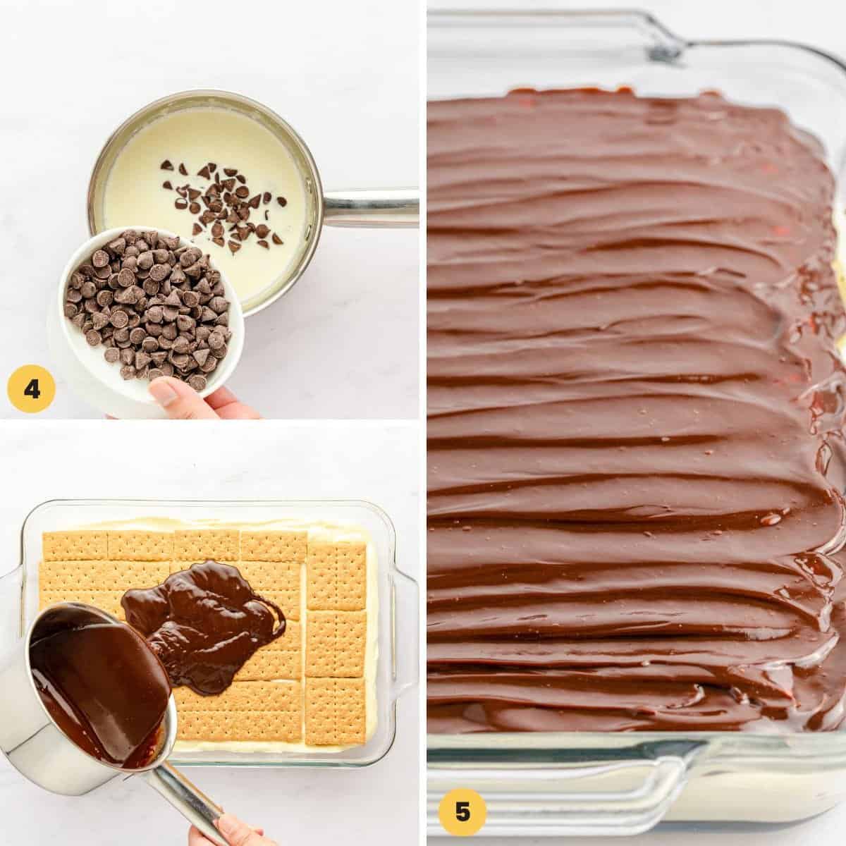 Collage of 3 images showing how to make a no bake eclair cake and cover it with ganache topping