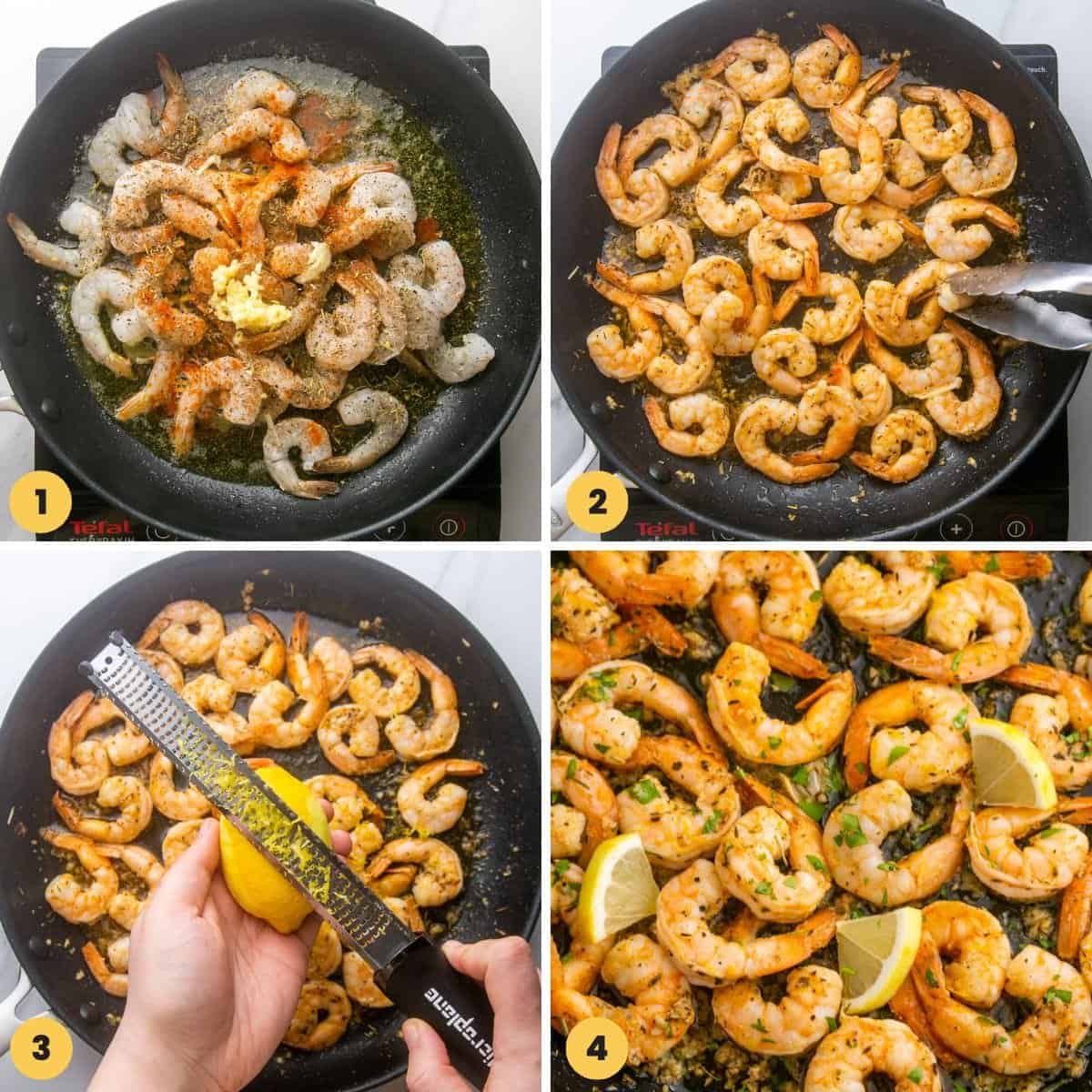 a collage of four images showing how to sautee shrimp