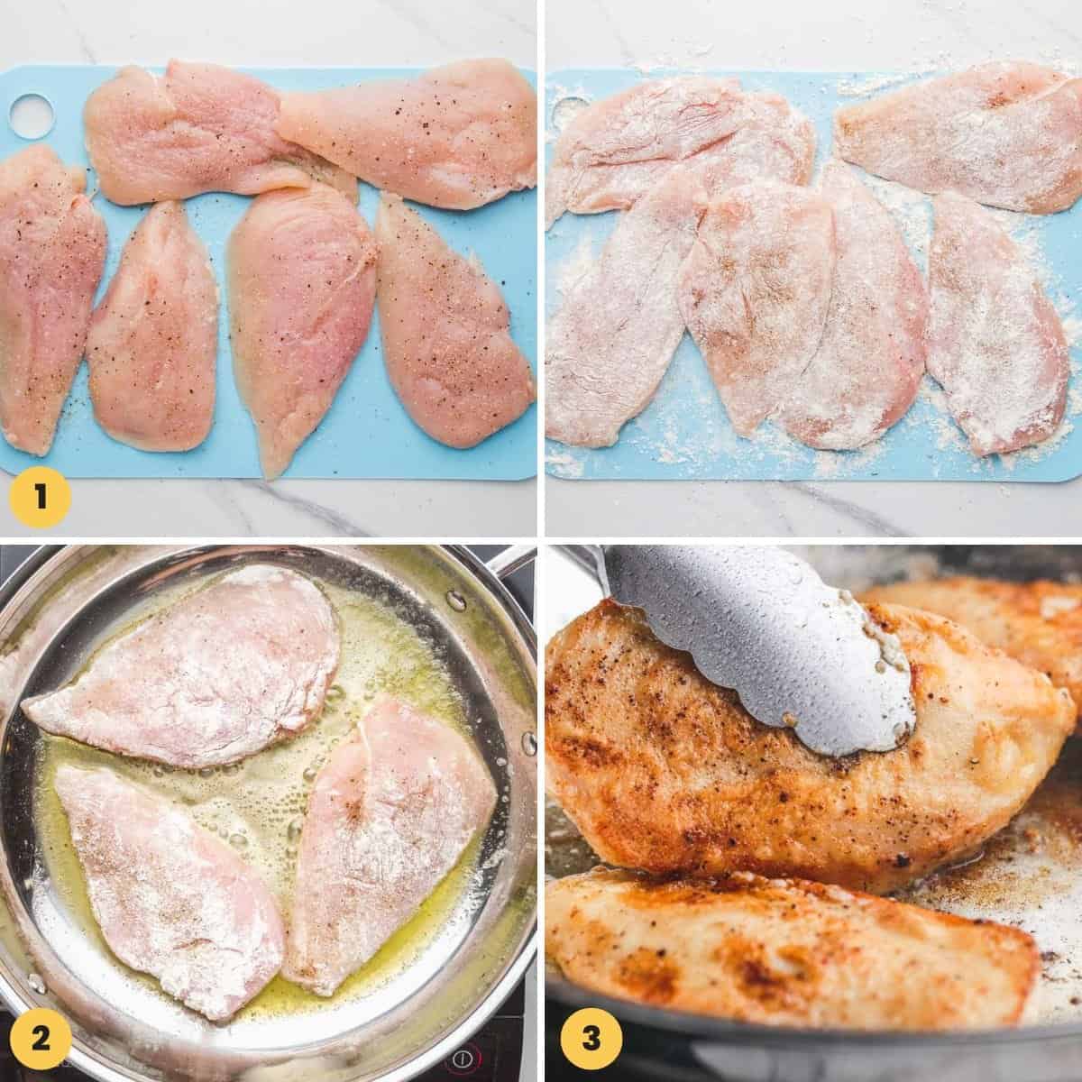 Collage of four images showing How to Season and Sear Chicken Cutlets
