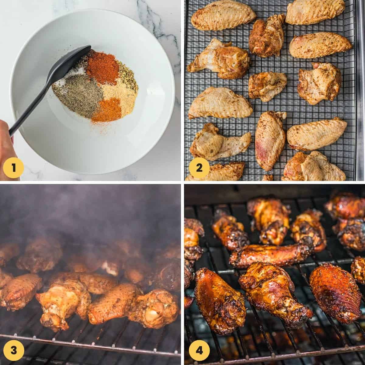Collage of four images showing how to prep dry rub, season the chicken wings and smoke them on a smoker