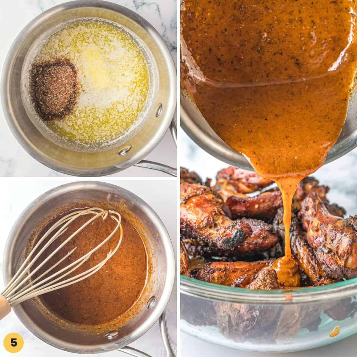 Collage of 3 images showing how to make a sauce and add it to smoked chicken wings