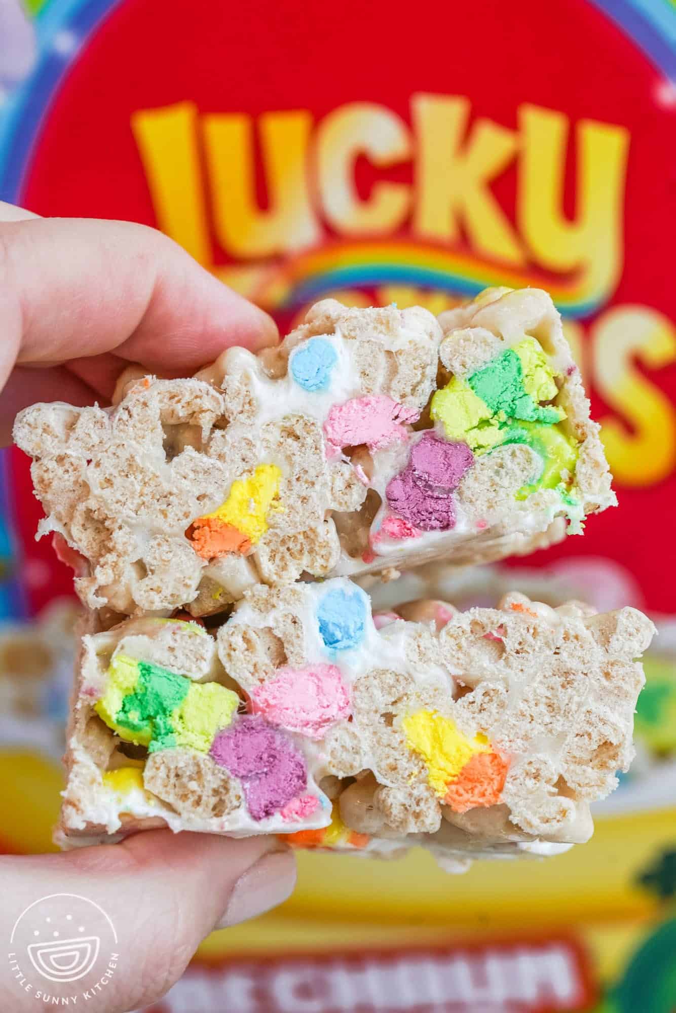 Halves lucky charms treats to show the middle segment on cut marshmallows