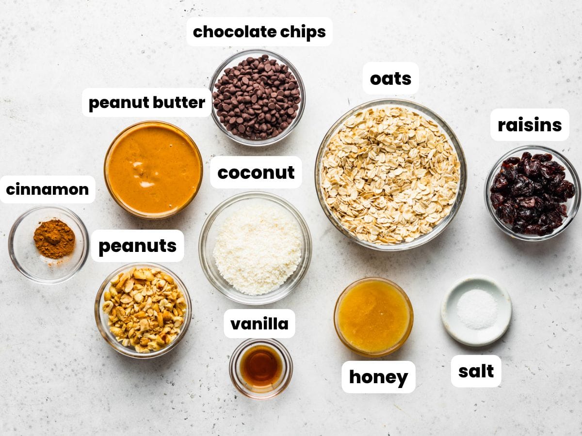 the ingredients in protein oatmeal bliss balls, measured into small bowls and arranged on a counter, viewed from overhead.