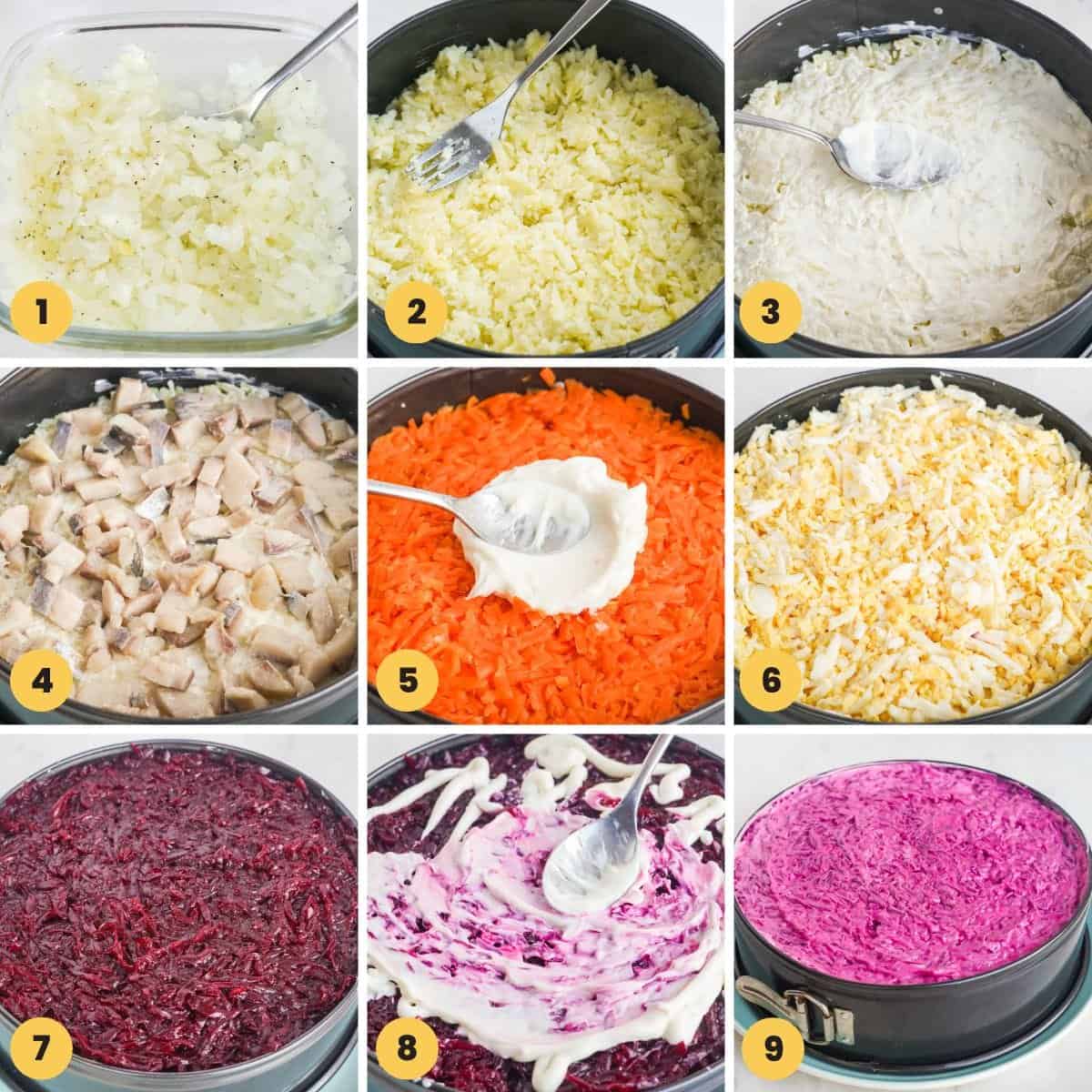 Collage of nine images showing the steps on how to marinate the onions and then layer the shuba salad