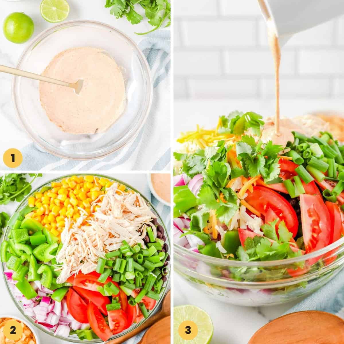 a collage of three images showing how to make a salad with tex mex dressing