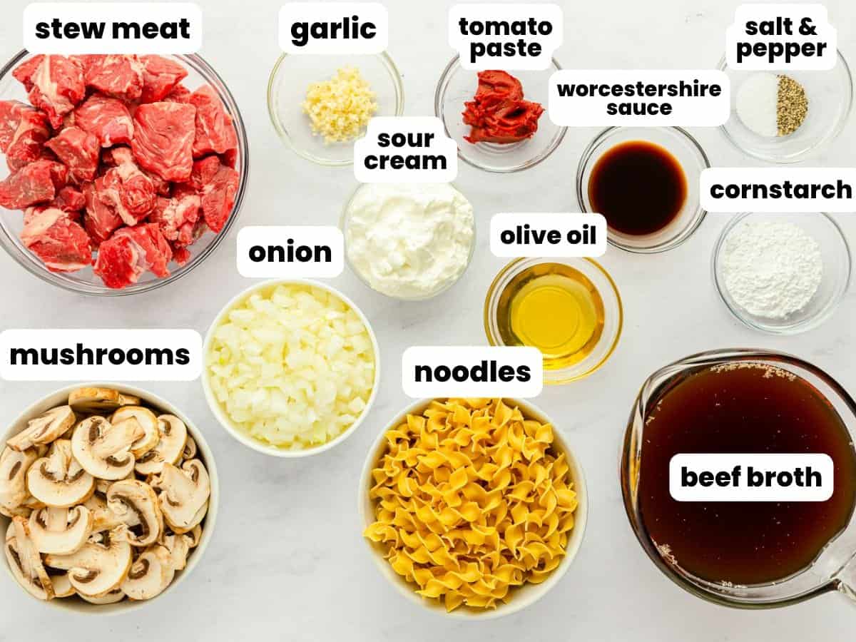 The ingredients for beef stroganoff soup, all in small bowls.