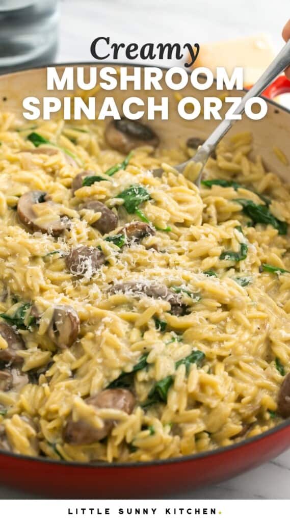 a red enameled skillet filled with creamy mushroom spinach orzo.