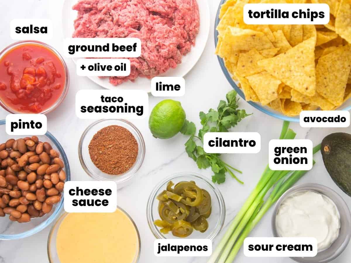 The ingredients needed for making ground beef nachos at home.