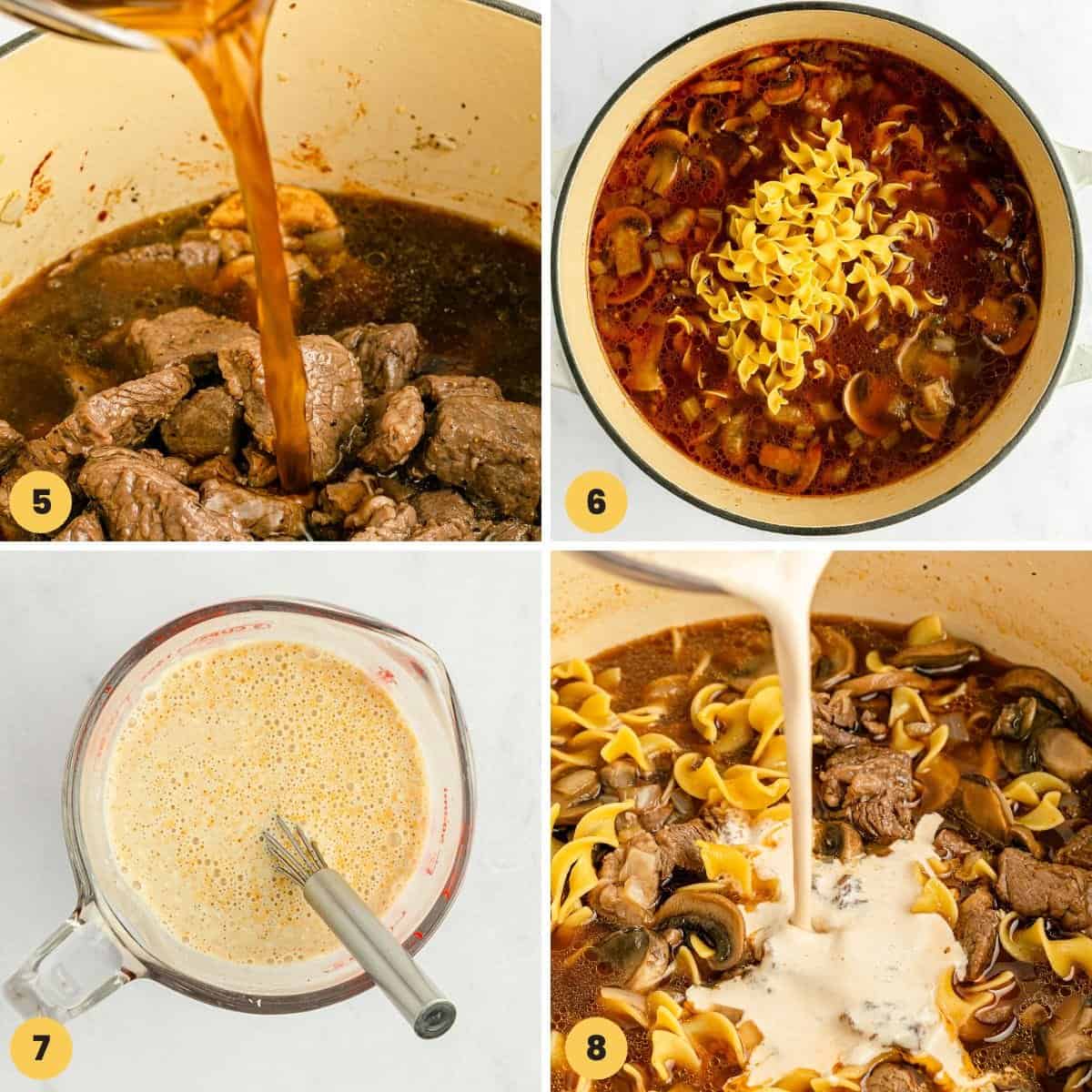 A collage of four images showing how to make beef stroganoff soup