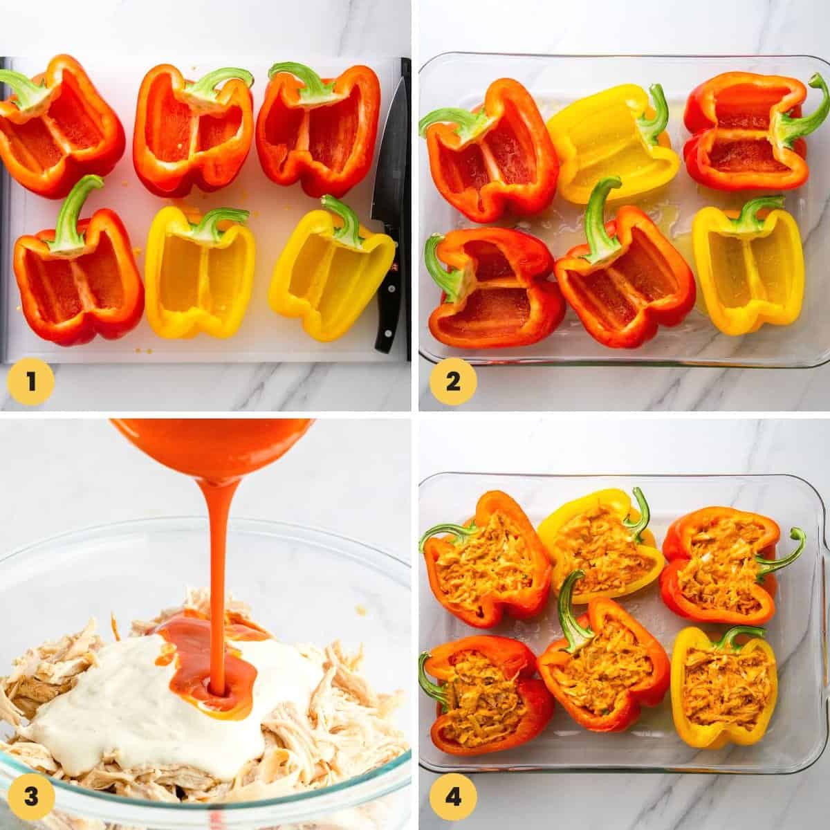 A collage of four numbered images showing how to make stuffed peppers with shredded buffalo chicken.