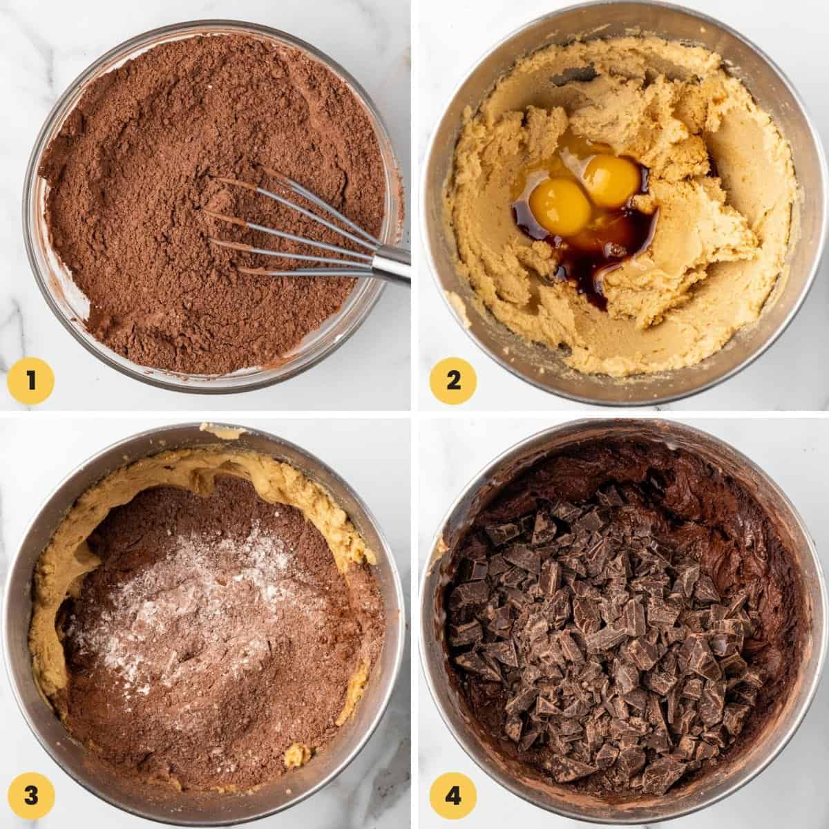 a collage of four images showing how to make fudgy chocolate cookie dough