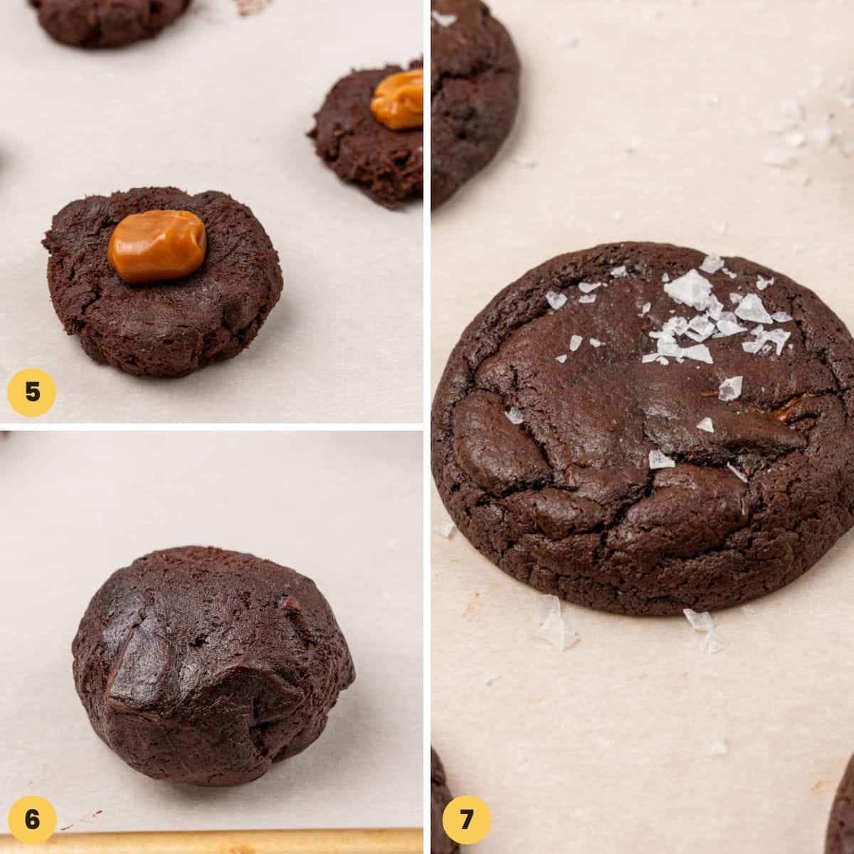 a collage of three images showing how to wrap cookie dough around caramels to make stuffed cookies.