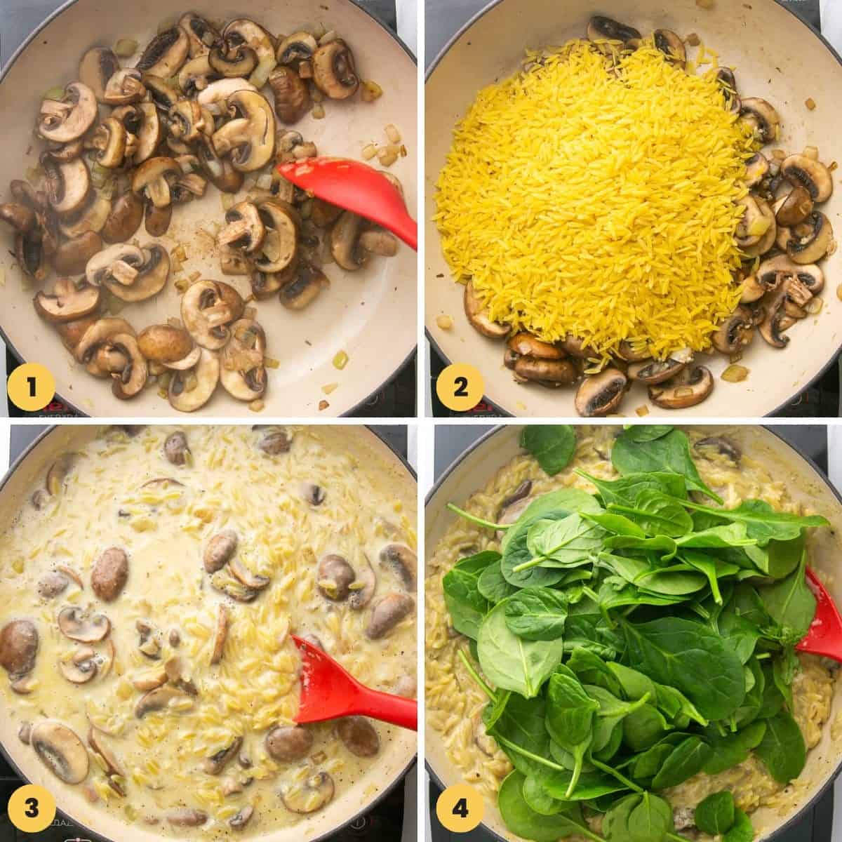 A collage of four numbered images showing how to make one pan mushroom orzo