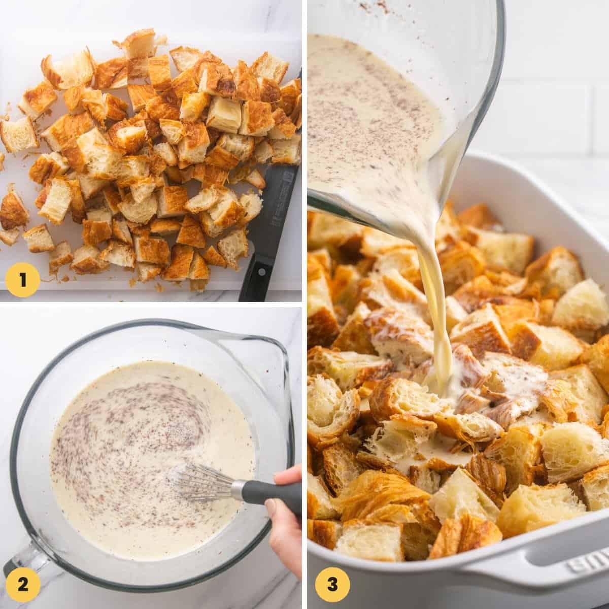 A collage of three images showing how to make bread pudding with diced croissants