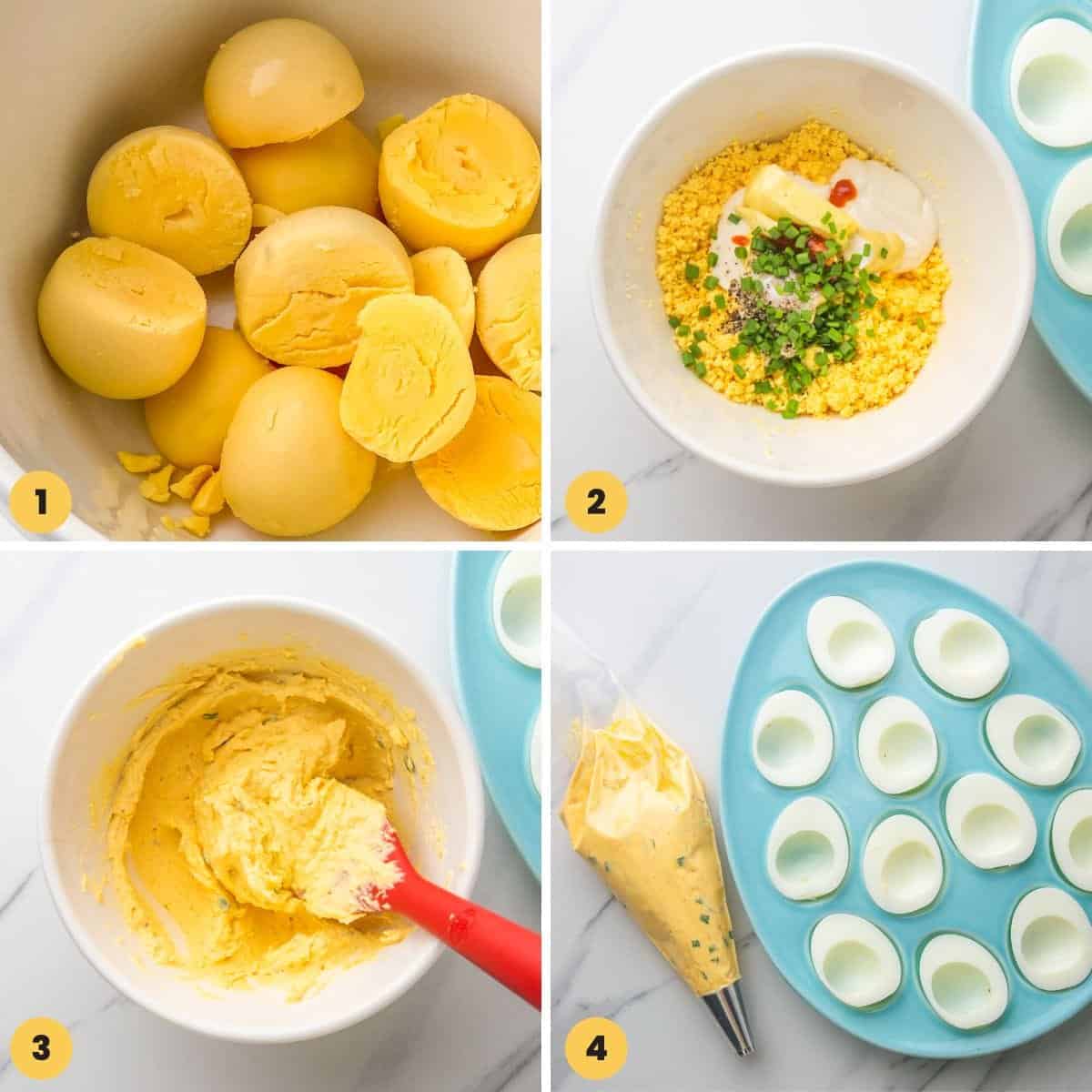 a collage of four numbered images showing how to make deviled eggs