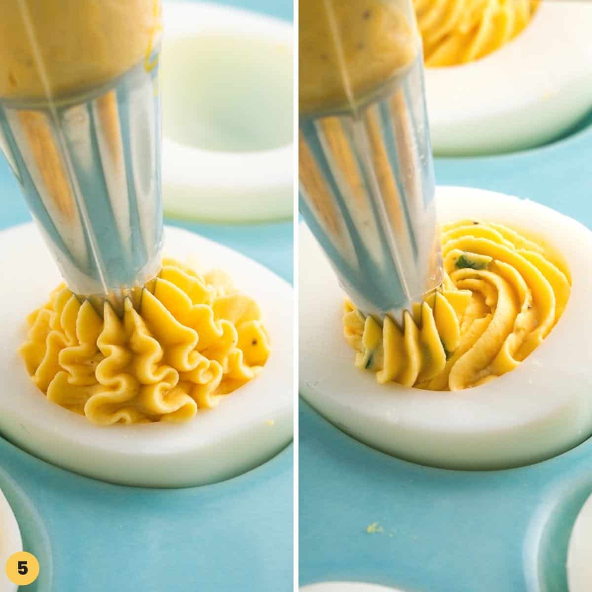 two images showing different ways to fill deviled eggs with a star tip piping bag.