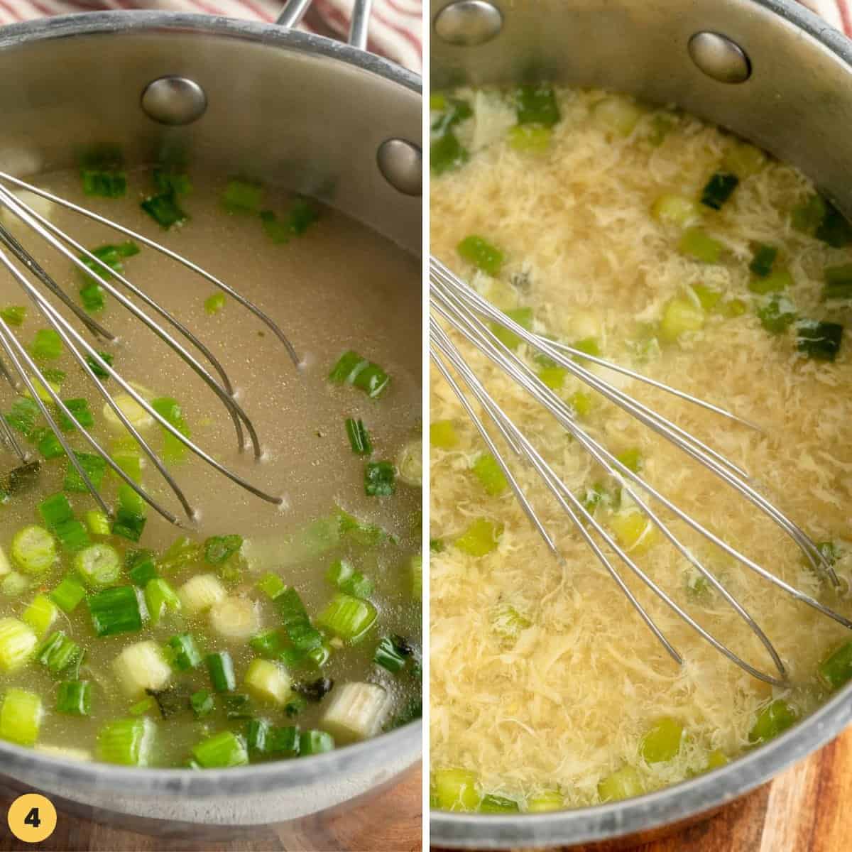 two images showing egg drop soup before and after adding the eggs.