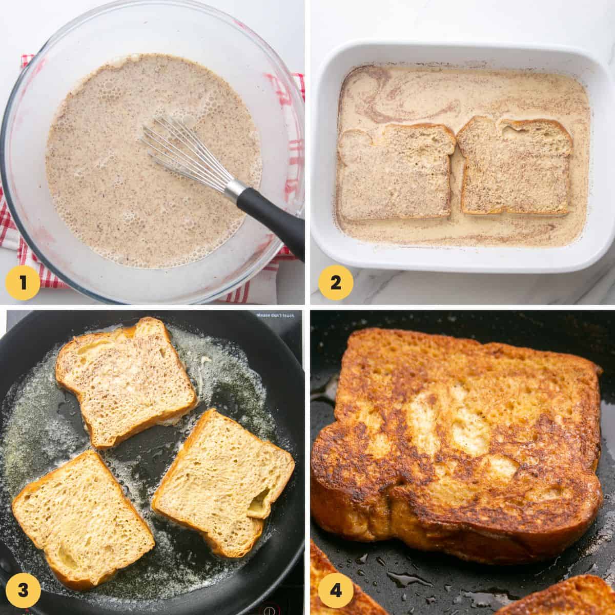 a collage of four images showing how to make french toast in a skillet.