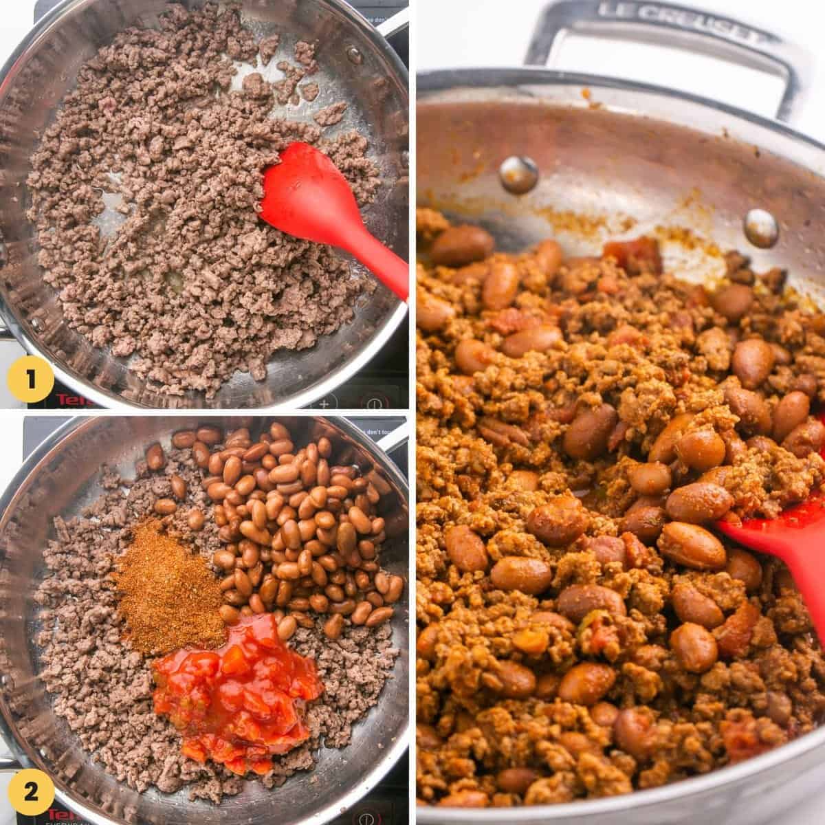 A collage of three images showing how to make taco meat for nachos.