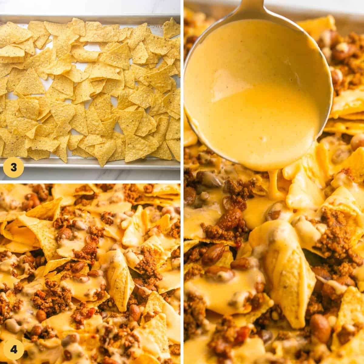 collage of three images showing how to make beef nachos with cheese sauce.