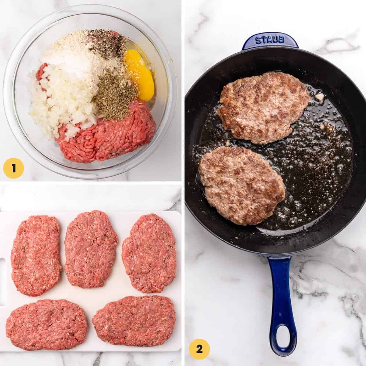 Collage of 3 images showing how to make hamburger steaks, shaping them and searing.