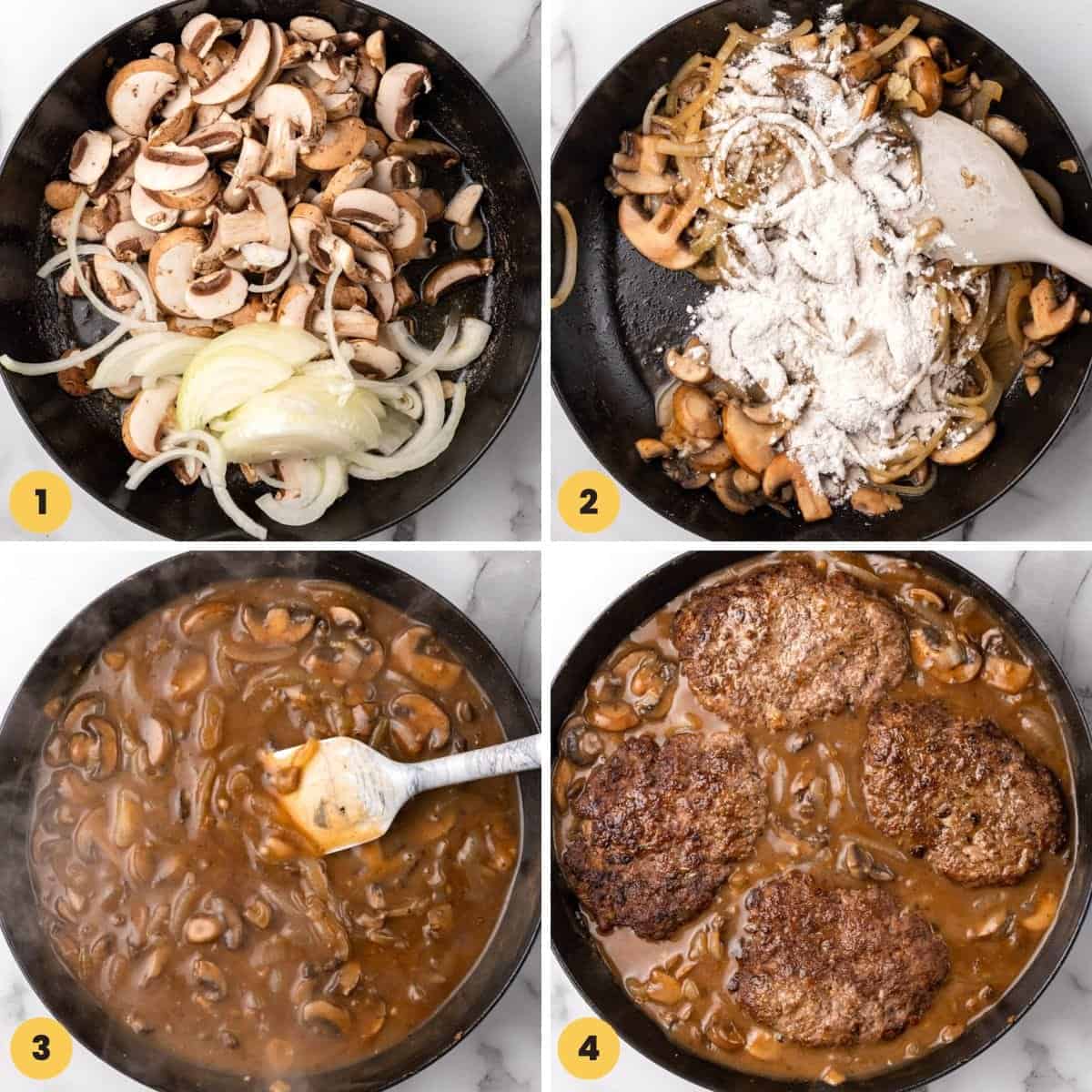 Collage of four images showing how to cook onion and mushrooms and make a gravy, then cook it with the hamburger steaks.