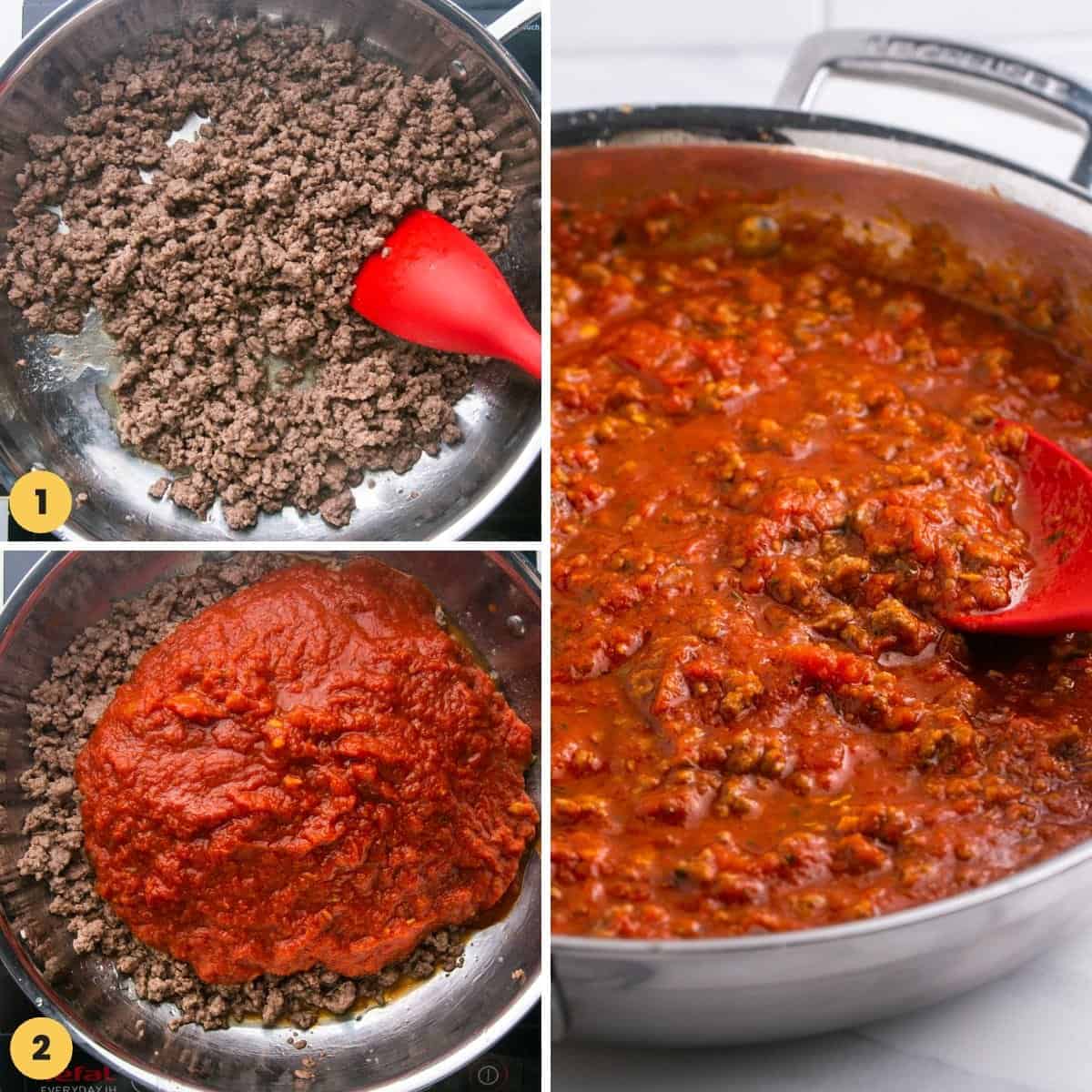 A collage of 3 images showing how to make meatsauce for ravioli lasagna