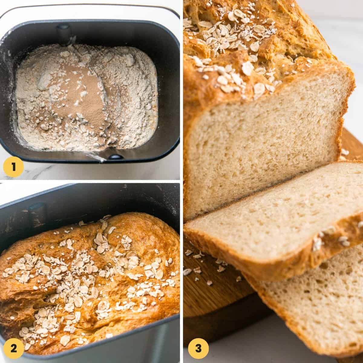 Collage of 3 images showing how to make oatmeal bread in the bread machine