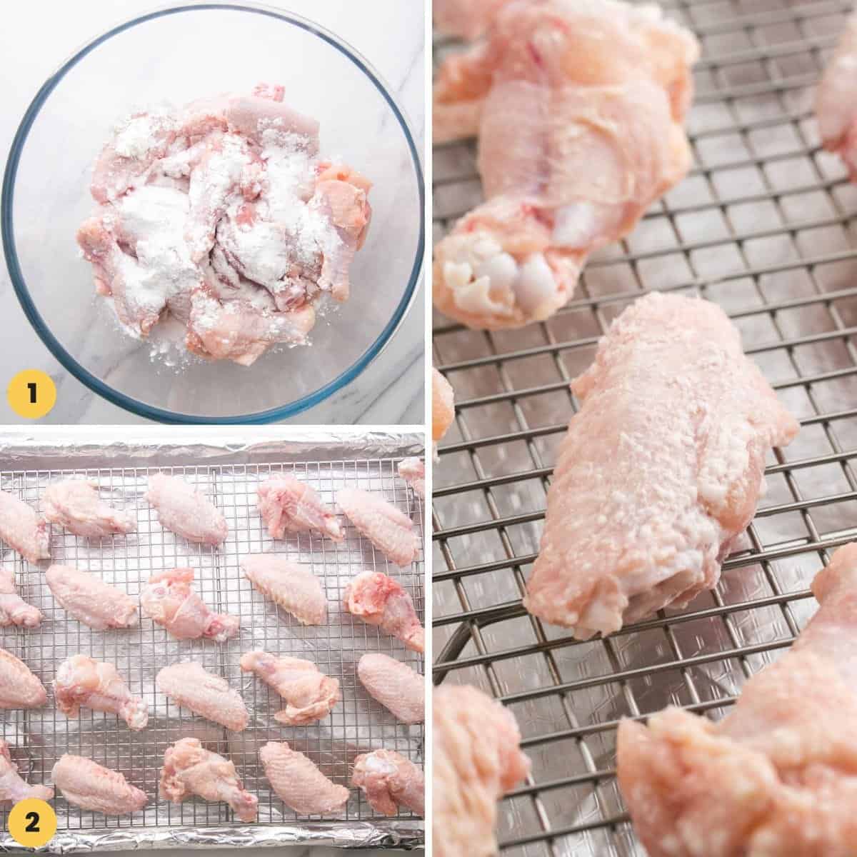 A collage of three images showing how to prepare wings for baking by dredging them in cornstarch and baking powder