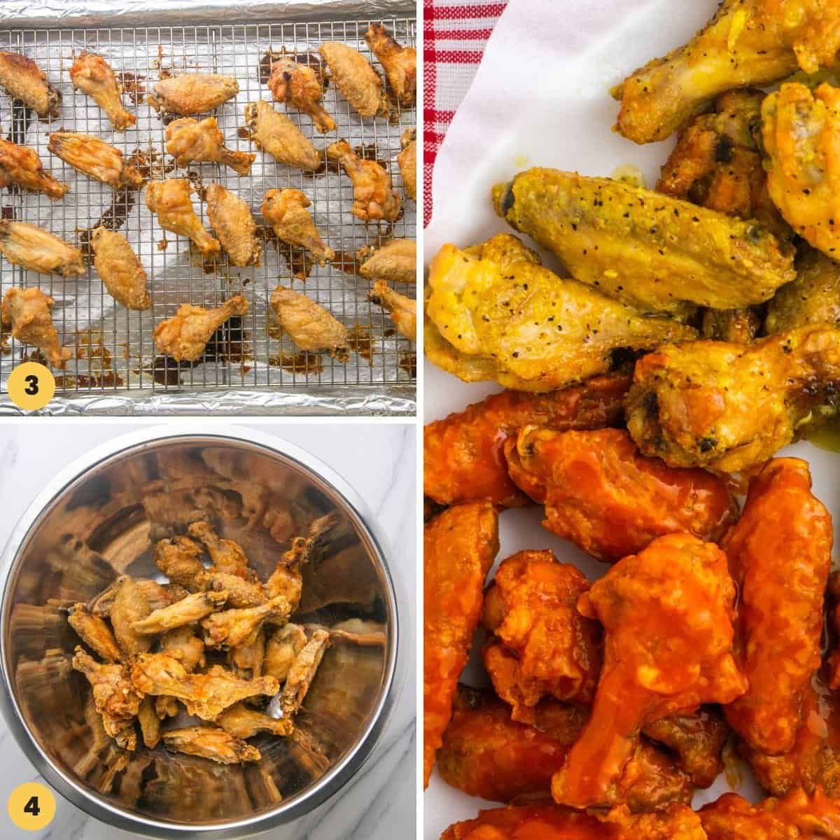 a collage of three images showing how to bake crispy chicken wings and toss them in buffalo sauce or lemon pepper