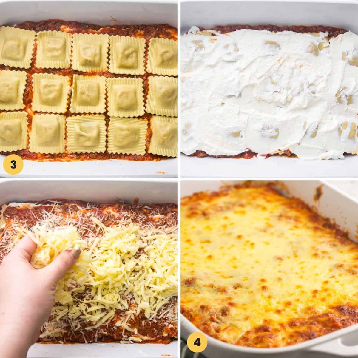 A collage of four numbered images showing how to layer lasagna with cheese, sauce, and ravioli.