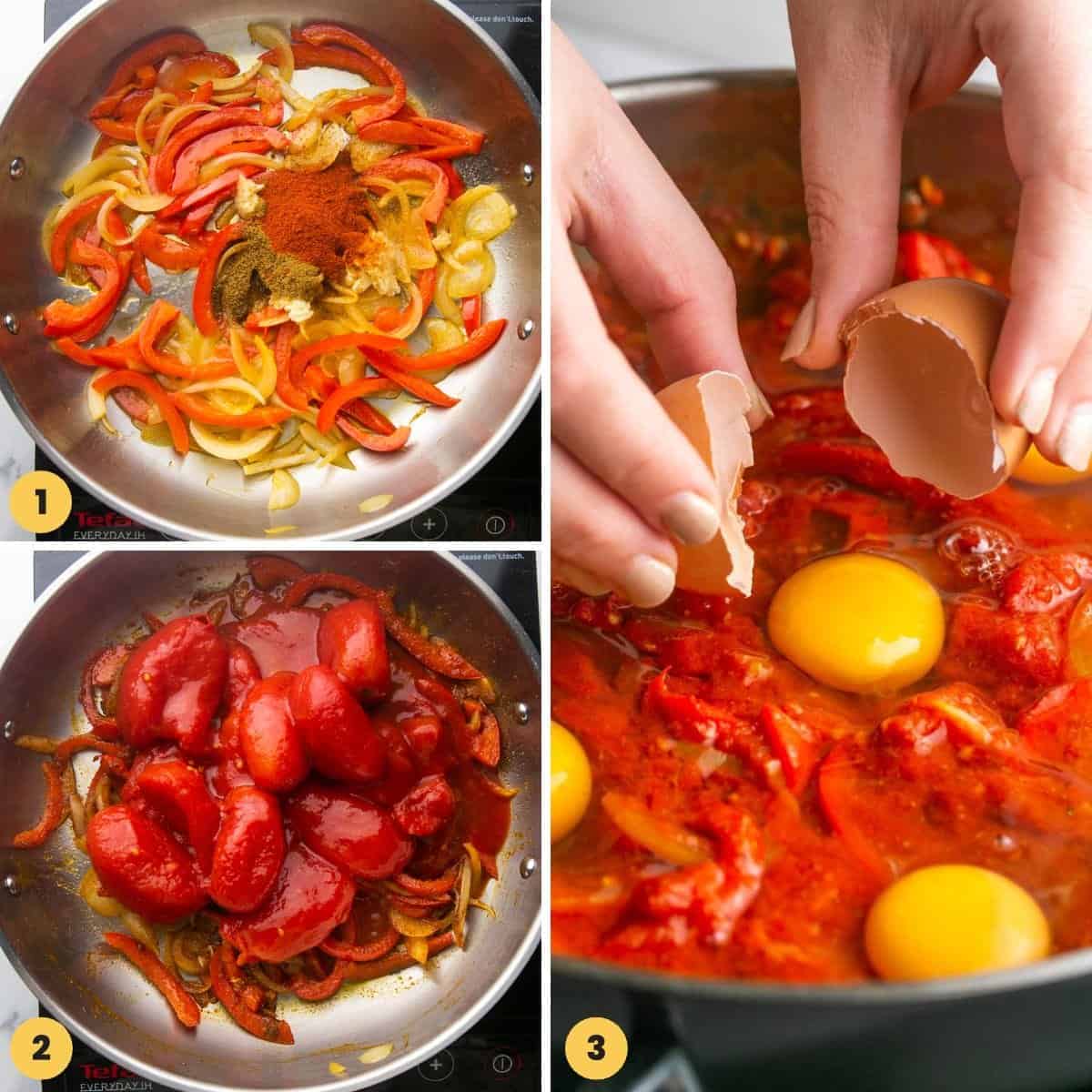 Collage of 3 images showing how to make shakshuka