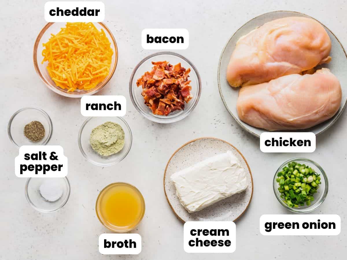 Raw chicken breasts, plus the other ingredients needed to make crack chicken. all in small bowls, arranged on a counter and viewed from overhead