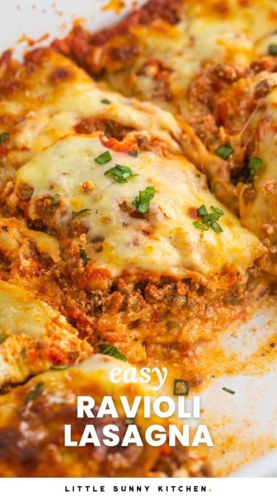 a pan of lasagna with a piece removed. Text overlay says Easy ravioli Lasagna