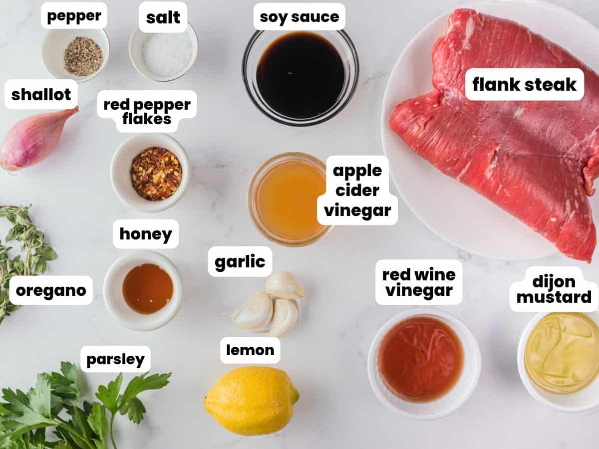 Ingredients needed to make a smoked flank steak with chimichuri sauce
