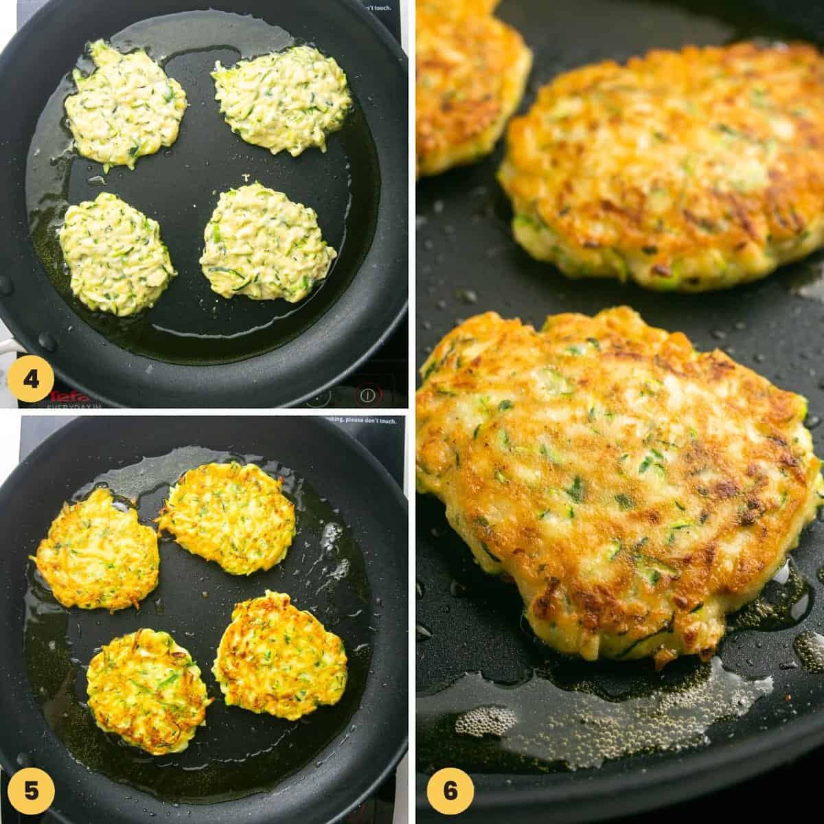 A collage of three images showing how to fry zucchini fritters in a small amount of oil.