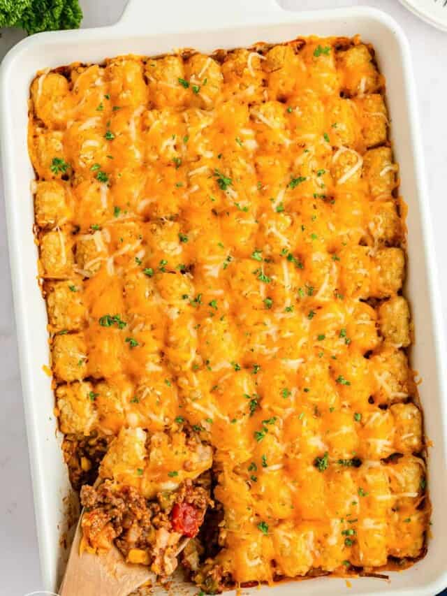 sloppy joe casserole in a white rectangular casserole dish.