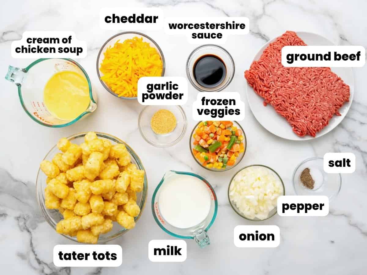 The ingredients needed to make tater tot casserole in a crock pot
